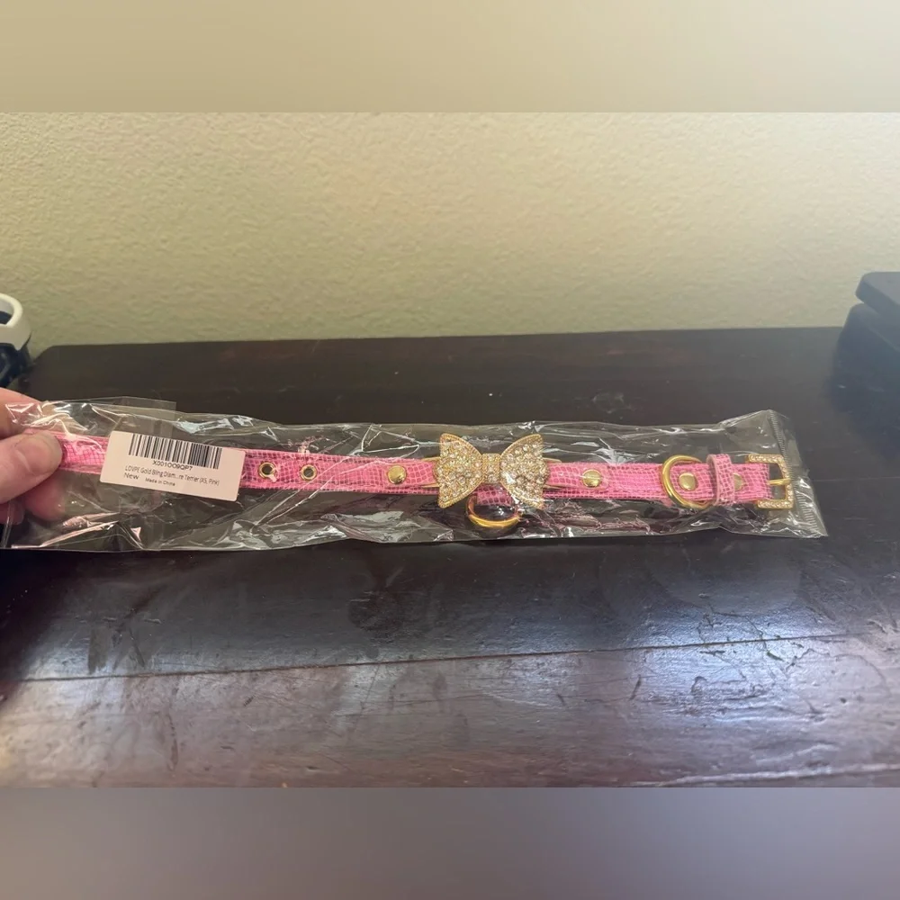 Pink Fashion XSmall Dog Collar with Ring for Tags Gold Bling Diamond Glitter
